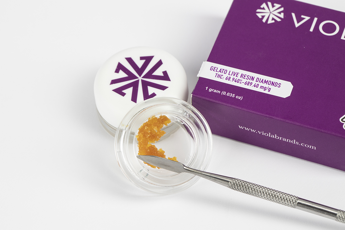 Viola 1-gram gelato live resin diamonds with box, container, and tab tool