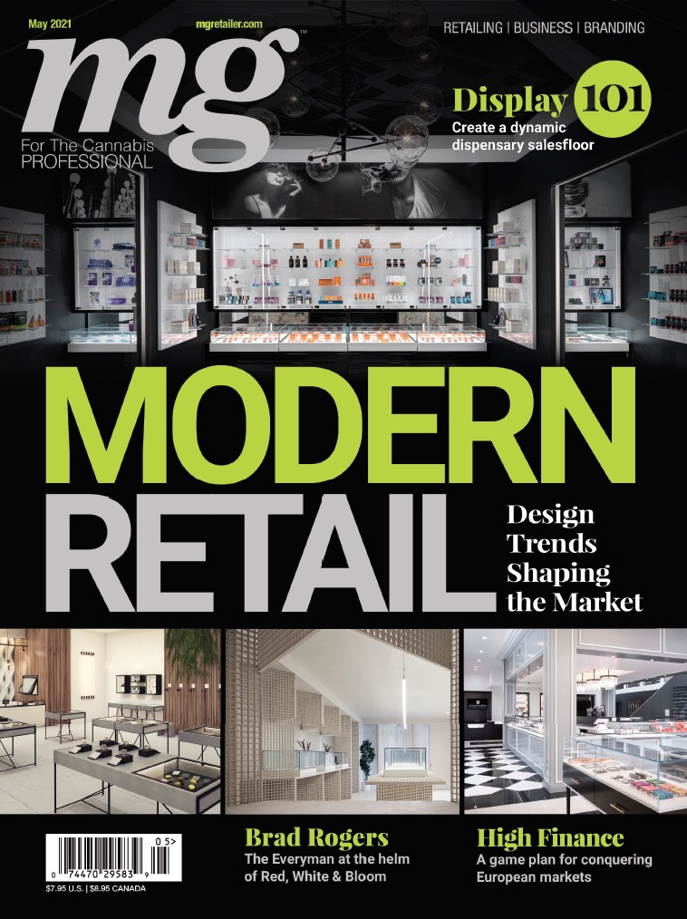 mg magazine May 2021 cover, business modern retail design trends shaping the market,  create a dynamic dispensary salesfloor