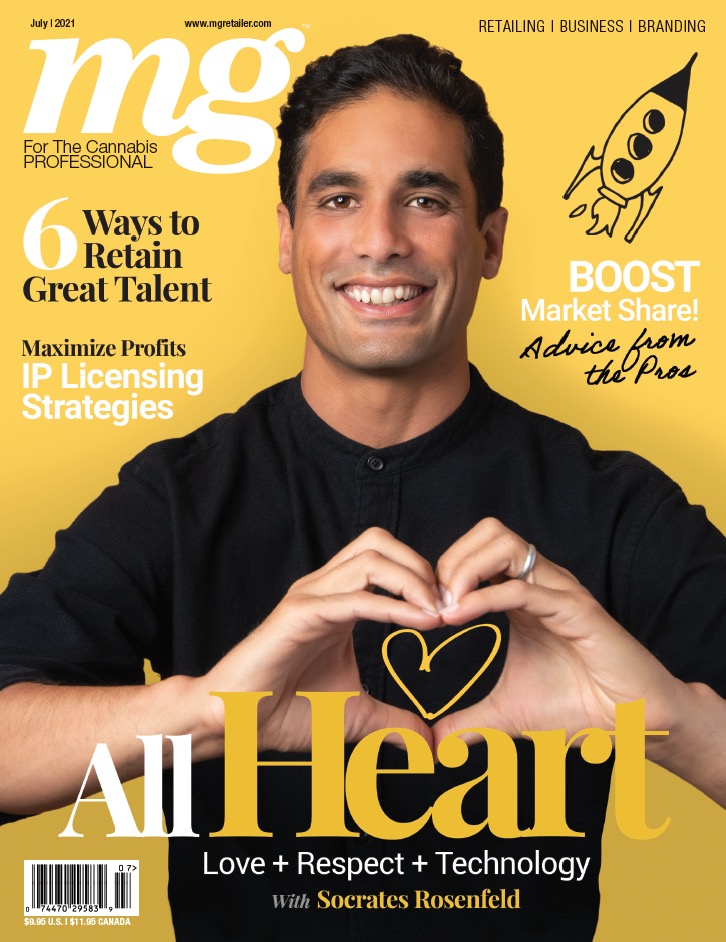 July 2021 mg Magazine cover featuring Socrates Rosenfeld in a black t shirt in front of a yellow background. 6 ways to retain great talent, boost market share, maximize profits IP Licensing strategies