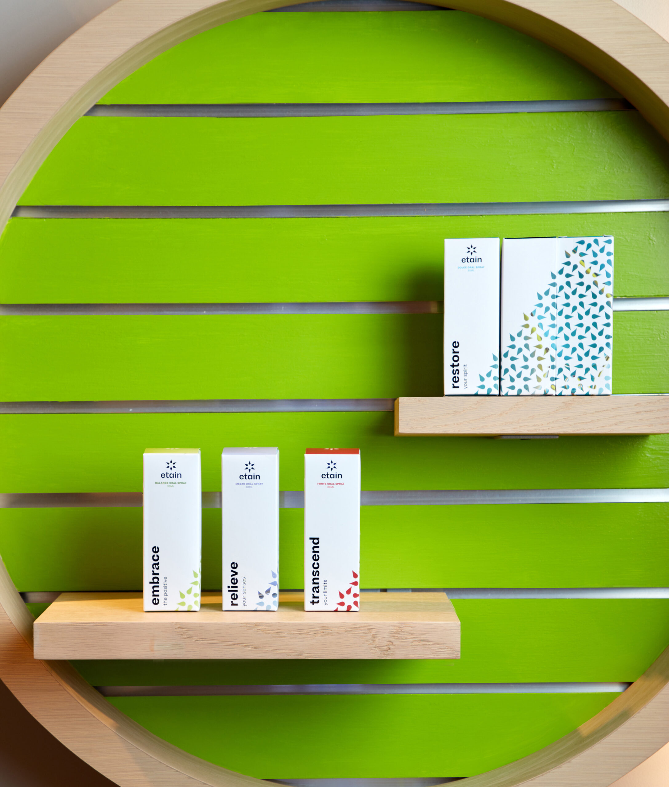 circular floating shelf with lime green background and products in white boxes in the center