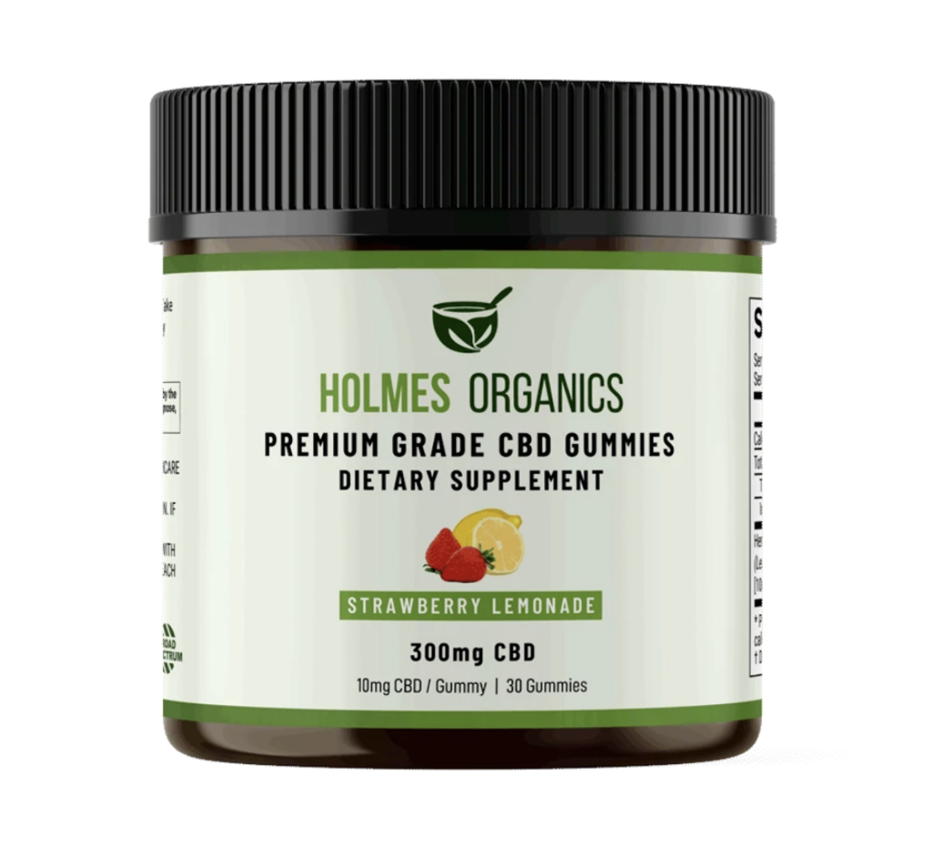 Holmes Organic Gummies CBD cylindrical container with a white label with green and black writing and a black cap