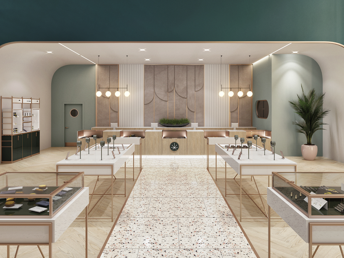 a pristine dispensary interior with marble floors and creme and soft green accents