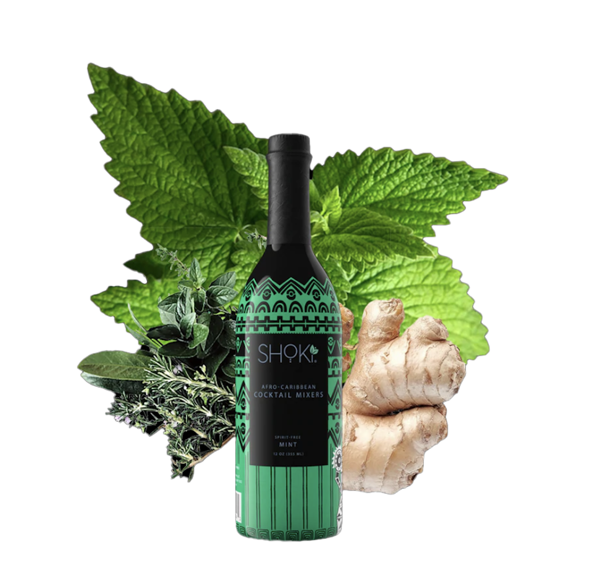 green Shoki mint bottle surrounded by ginger cannabis buds and mint