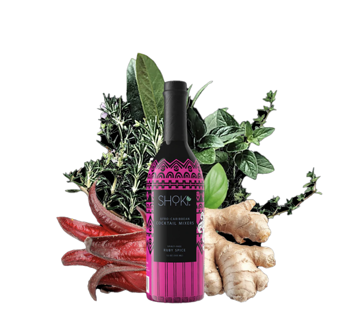 pink Shoki ruby spice bottle surrounded by ginger peppers cannabis buds and other leafy herbs