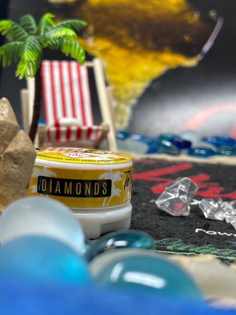 a photo of diamonds habana extracts yellow container amidst blurry haphazard rocks and jewels 