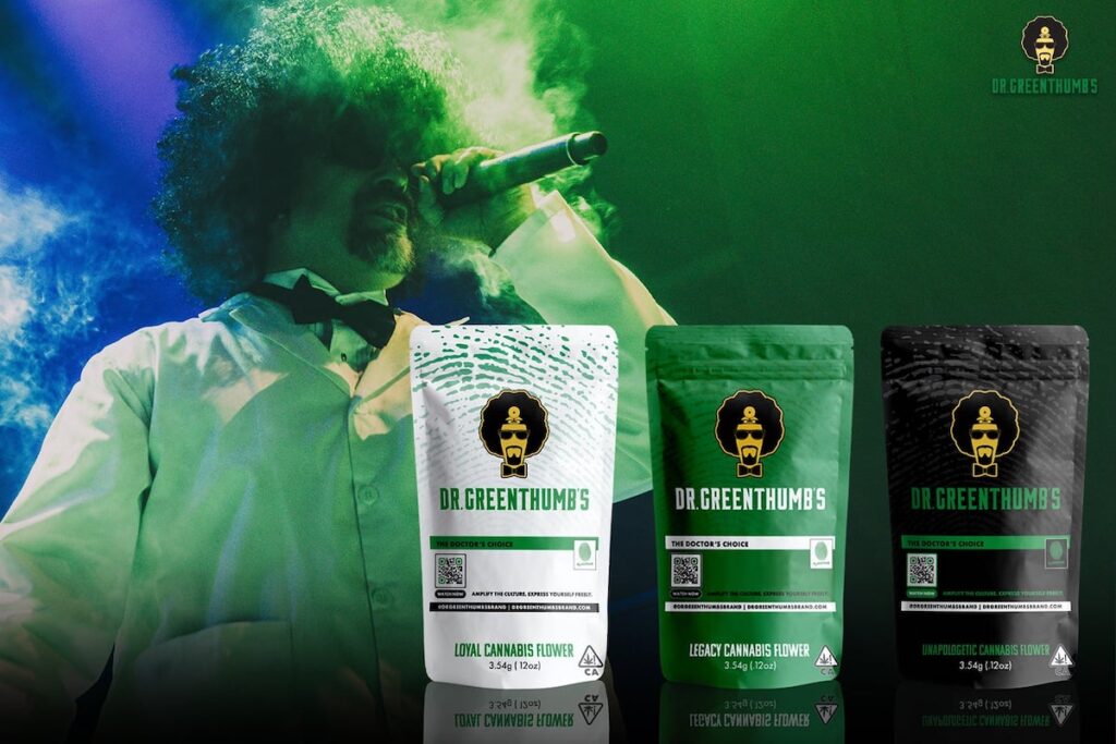 artist b-real performing behind three packages of cannabis flower