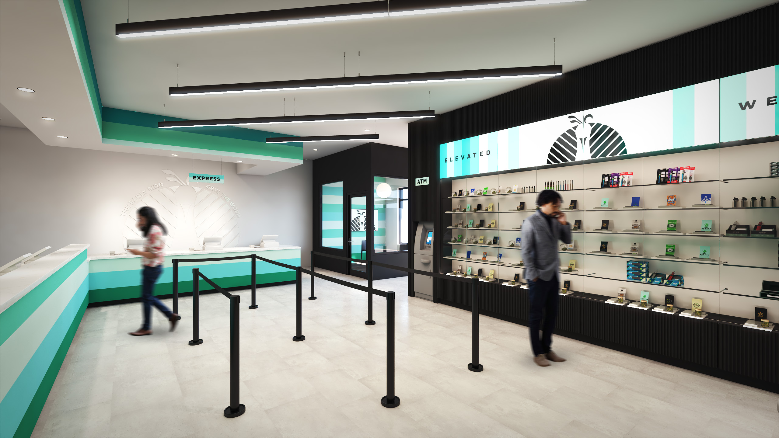 inside of dispensary showing people looking at a display case