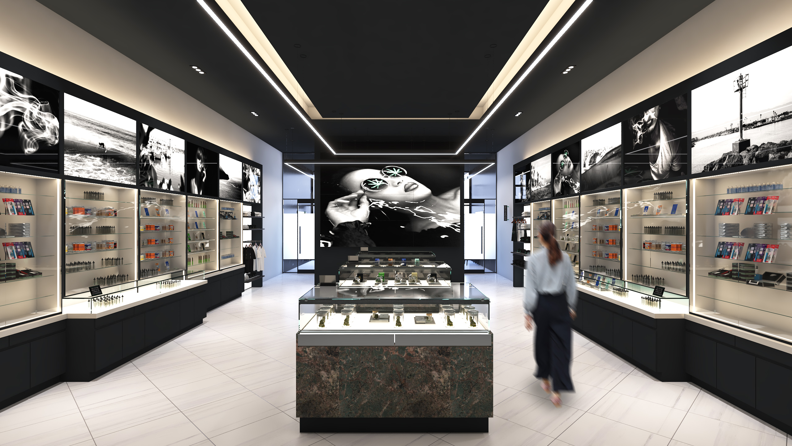 dispensary interior with white floors and black ceiling and glass display cases