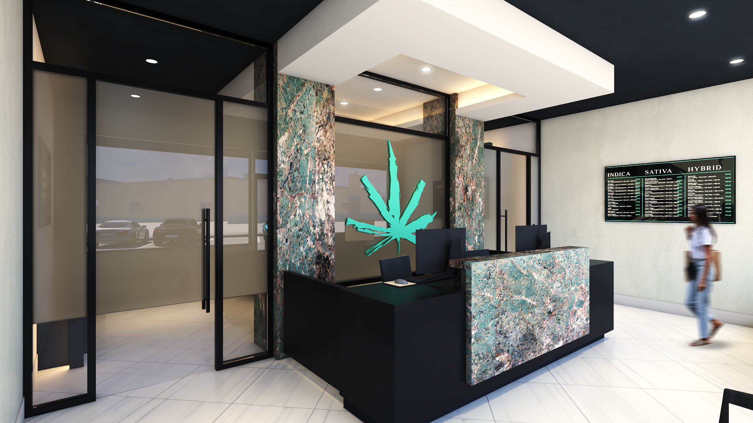 dispensary desk with illuminated cannabis leaf on the back wall