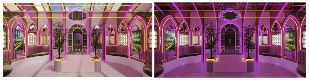 image of inside the new wyllow dispensary looking like a tasteful neon pink barbie castle